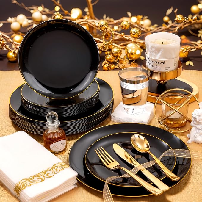 Supernal 350PCS Black and Gold Plastic Dinnerware Set (Serves 50 Guests) - Elegant Black Plates with Gold Rimmed Edges, Disposable Gold Silverware, Cups, Napkins for Party, Wedding,Celebration