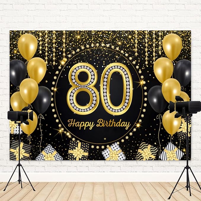 10x6.5ft Happy 80th Birthday Backdrop Black Gold 80 Years Birthday Party Photography Background 80th Anniversary Banner Decorations Men Women Celebration Party Portrait Photo Booth Prop