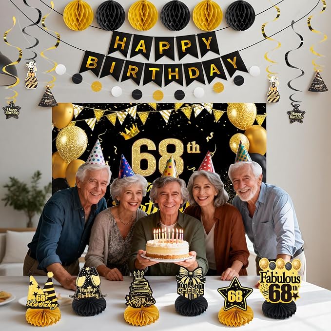 Happy 68th Birthday Party Decoration: Including Birthday Banner Backdrop, Party Table Centerpieces and Hanging Swirl Party Streamers, Birthday Decor for Men and Women (Gold/Black, 68th Birthday)