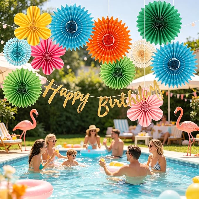 PAPER JAZZ Flowers Paper Birthday Party Decorations Happy Birthday Banners Red and Blue Paper Fans Classroom Decor Flower Wall Decor Hanging Ceiling Decorations