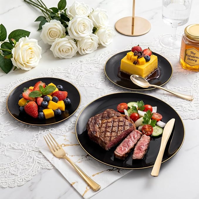 YOUBET 125PCS Black and Gold Plastic Plates - Black Disposable Plates With Gold Rim - Includes 25 Dinner Plates, 25 Dessert Plates, 75 Gold Silverware for Wedding Birthday Party