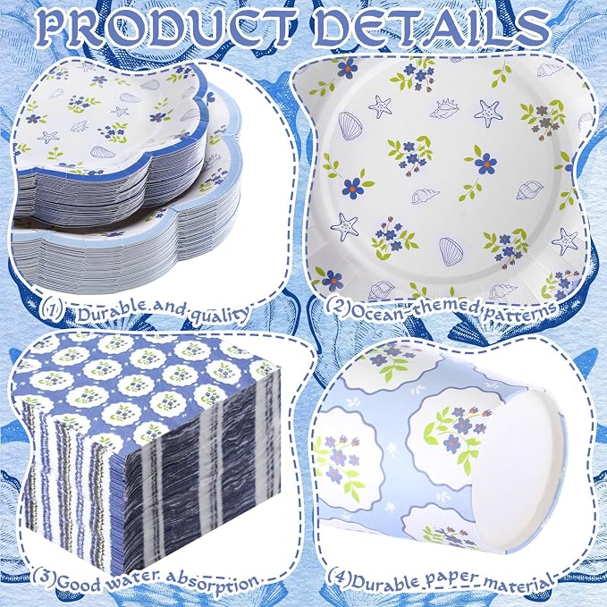 250 Pcs Blue Coastal Paper Plates Last Toast on The Coast Bachelorette Party Decorations Beach Disposable Plates and Napkins Blue Seashell Dinnerware for 50 Guests for Wedding Bridal Shower Supplies