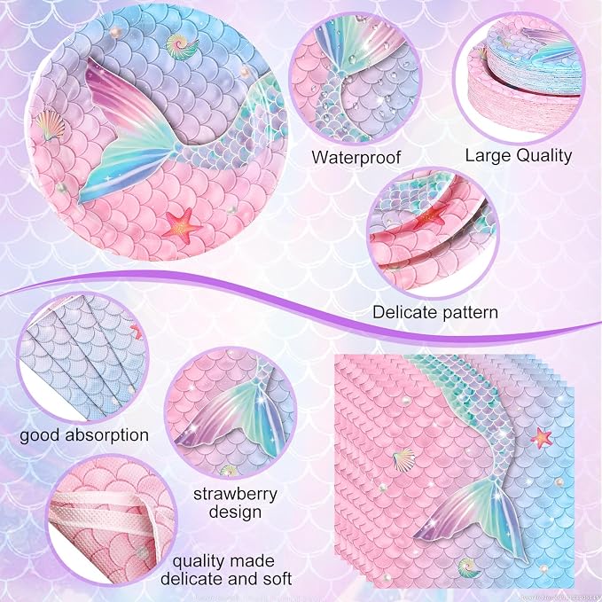 Funnymoom 452 Pcs Mermaid Party Decorations Include Sea Mermaid Paper Plates Napkins Cups Tablecloth Cutlery Straws Ocean Tableware for Baby Shower Birthday Party Supplies