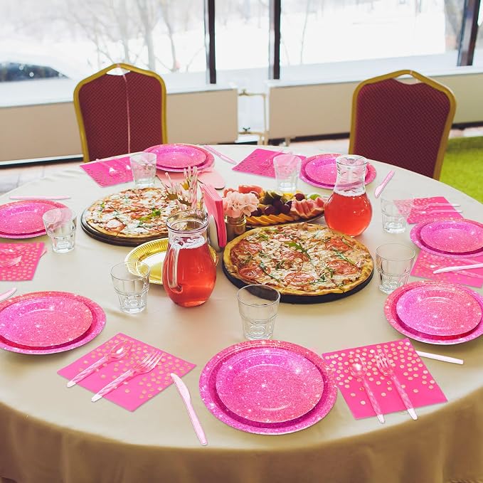 Hushee 350 Pcs 50 Guests Hot Pink Paper Party Plates and Cups Napkins Sets Holographic Glitter Disposable Dinnerware Plastic Forks Knives Spoons Birthday Bachelorette Wedding Party Supplie