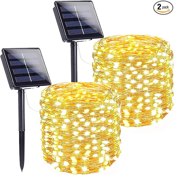 Extra-Long Solar String Lights for Outside, 2 Pack 200LED Solar Fairy Lights Outdoor Waterproof, Copper Wire with 8 Modes Solar Twinkle Lights for Tree Garden Party Patio Xmas Decor (Warm White)