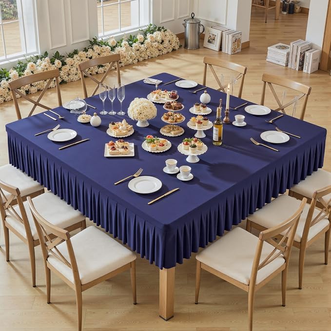 Wish Care Navy Blue Spandex Tablecloths for 60x60 Inch Square Tables, Stretch Fitted Table Clothes with Pleated Ruffle Skirt for 60” Table, Wrinkle Free and Elastic, for Party Kitchen Home Dining