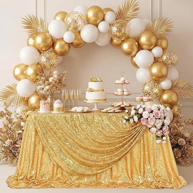 QueenDream Glitter Gold Tablecloth for Parties 90x156 Inch Sequin Fabric Rectangle Table Cloth for Wedding Birthday Banquet