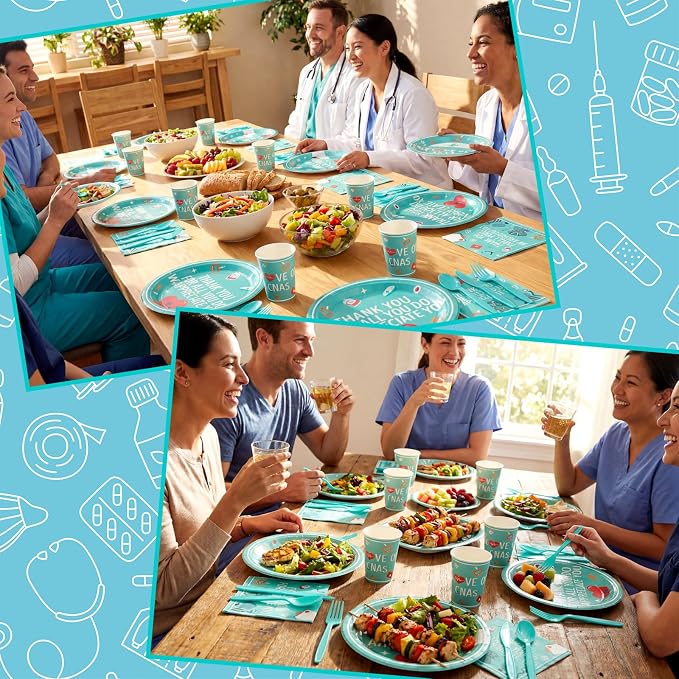 Mimorou 194 Pcs CNA Nursing Graduation Decorations Nurse Week Disposable Paper Tableware Set Happy CNA Week Party Supplies with Plates Cups Napkins for Nursing Assistant Party Supplies, Serve 24