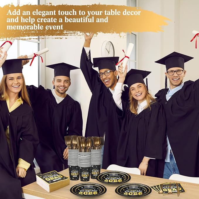 Funnymoom 400 Pcs Graduation Party Supplies Class of 2026 Graduation Paper Plate Napkin Cup Cutlery Congrats Grad Disposable Tableware Set for Grad Party Decorations, Serve 50(Black, Gold)