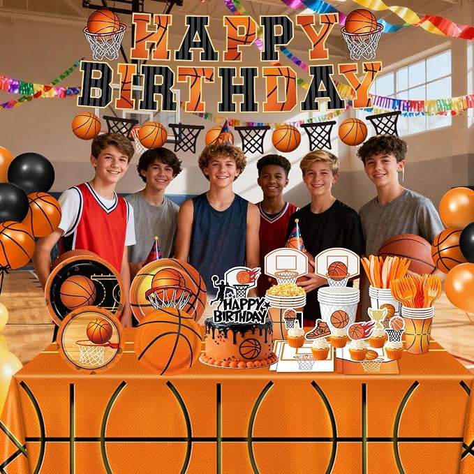 202 PCS Basketball Birthday Party Decorations - Plates, Napkins, Cups, Basket Card, Banner, Balloons, Cake & Cupcake Toppers, Tablecloths, Cutlery for Basketball Party Decorations, Serves 24