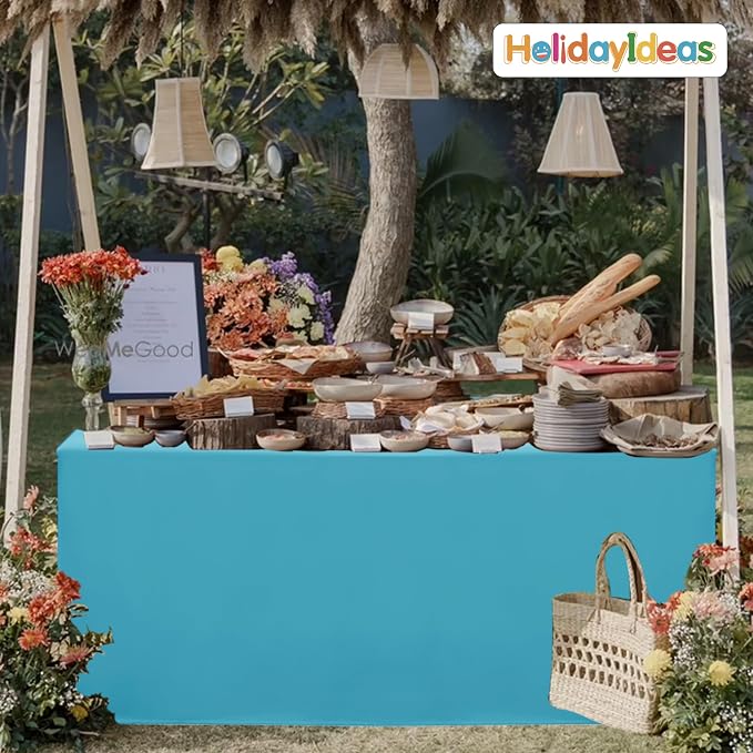 HolidayIdeas 4-Pack 6ft Open Back Fitted Tablecloths for Craft Shows Teal | 3-Sided coverage wrinkle resistant tablecloths for vendor booths,banquet events,outdoor pop-up shop