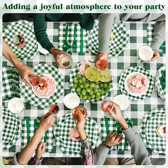 Funnymoom 452 Pcs Green Gingham Party Supplies for 50, Dark Green Plaid Checkered Paper Plates Napkins Cups Tablecloth Cutlery Straws for Holiday Birthday Baby Shower Party Decoration