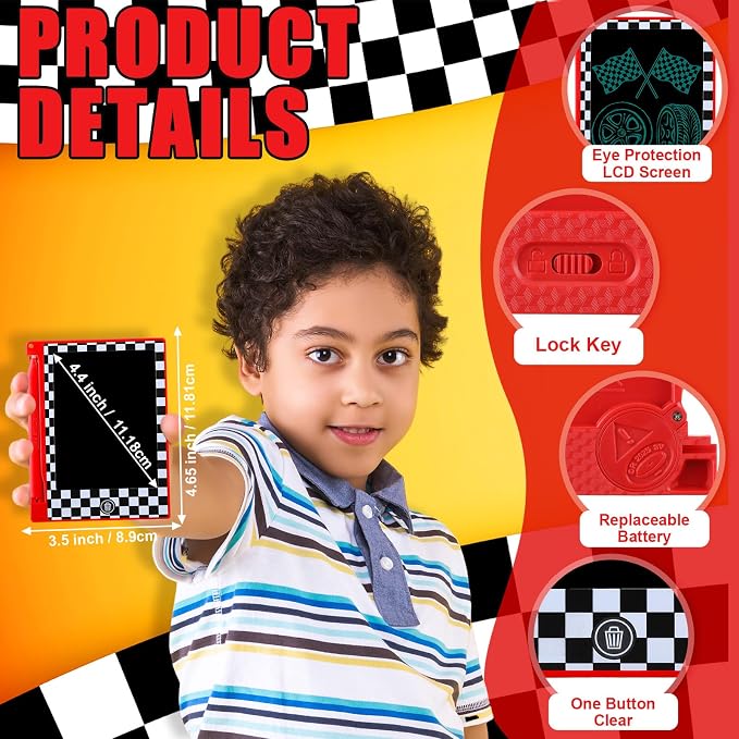Nezyo 24 Pack Race Car Theme Party Favors Mini LCD Writing Tablet 4.6 Inch Doodle Board Drawing Tablet Erasable Reusable Electronic Drawing Pads for Race Car Party Decor Birthday Supplies