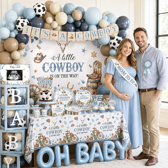 Cowboy Baby Shower Party Decorations for Boy A Little Cowboy is on the Way Disposable Paper Plates,Balloons Arch,Napkin,Cake Topper,Backdrop,Tablecloth,Banner for Wild West Baby Shower Party Supplies