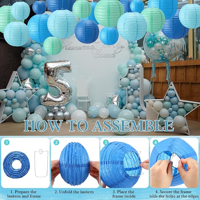 Treela 48 Pcs Paper Lanterns Party Decorations Chinese Round Paper Decor 4/6/8/10 Inch Asian Hanging Lamps Decorative for Birthday Party Wedding Bridal New Year Valentine Day Supplies(Blue Series)