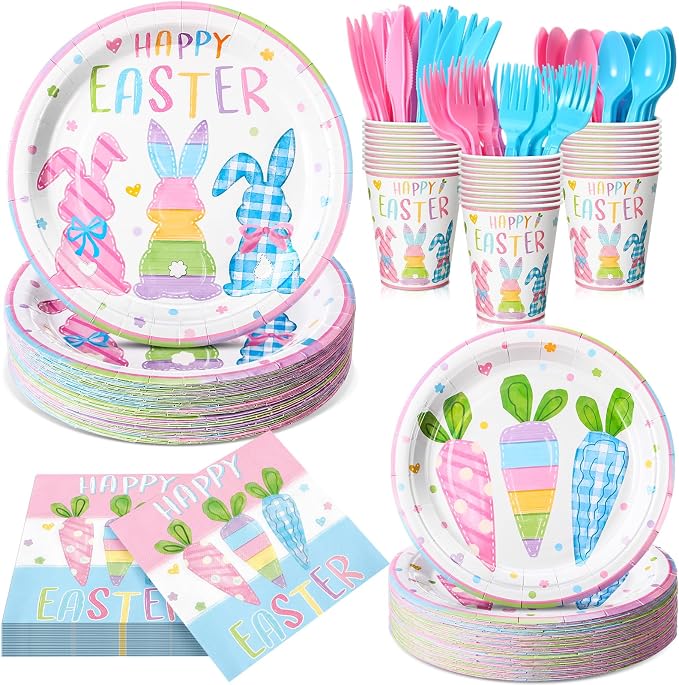 Honeydak 210 Pcs Happy Easter Party Supplies for 30 Guests, Includes Colorful Bunny Plates, Cups, Napkins, Cutlery - Cute Rabbit Carrot Tableware Decoration for Baby Shower Easter Party