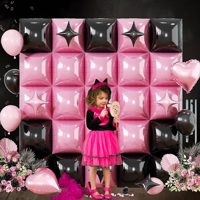 32PCS Pink and Black Square Foil Balloons, Double Sided Light Pink and Metallic Black Square Balloon Backdrop Wall with Star Foil Balloons Flat Tunnel Background for Girls Queen Birthdays Bachelorette
