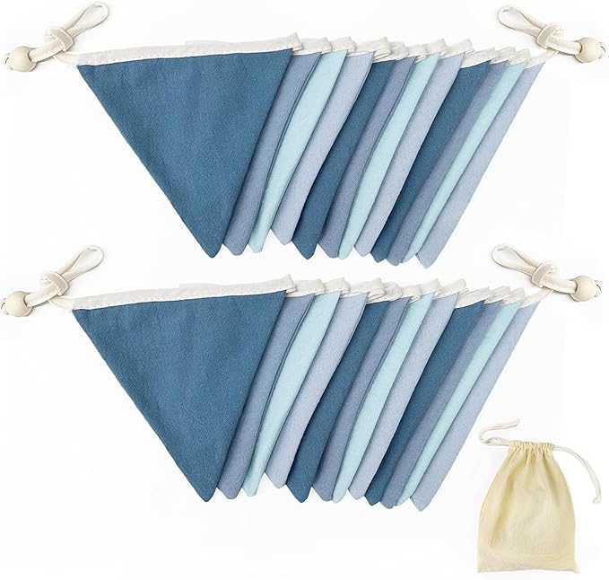 2 Strings Blue Pennant Banner Flags Nursery Garland Royal Linen Fabric Triangle Bunting Streamers for Baby's Room Decor Kids Boys Nautical Birthday Baby Shower Boho Wedding Event Party Decorations