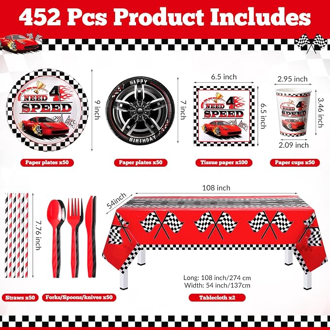 LemonRoad 452 Pcs Need Four Speed Birthday Decorations 4th Race Car Party Tableware Disposable Paper Plates and Napkins Set Need 4 Speed Decorations for Boy Kids Race Car 4 Years Birthday