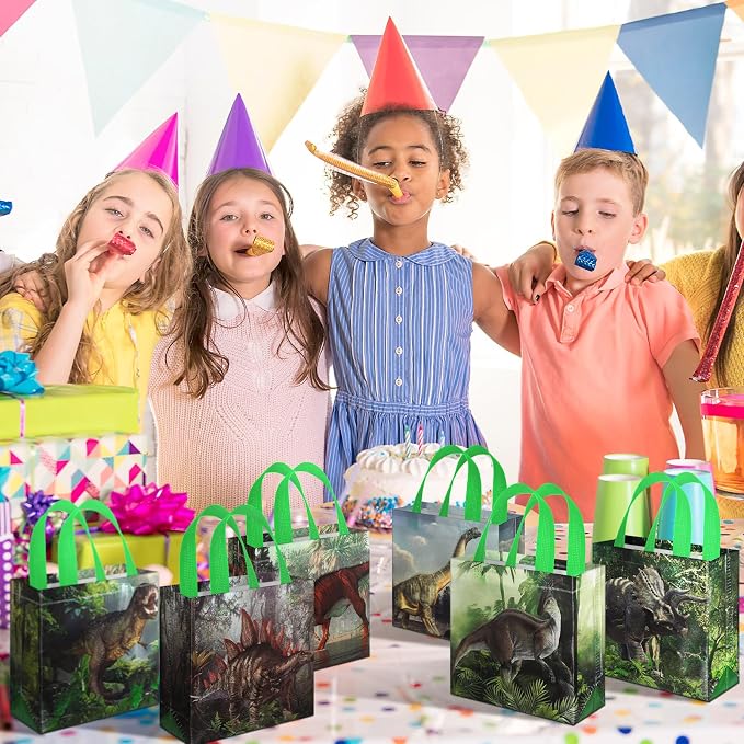Sweetude 40 Pcs Dinosaur Gift Party Favor Bags with Handle, Non Woven Goodie Bags Birthday Favor for Birthday Baby Shower Packaging Supplies