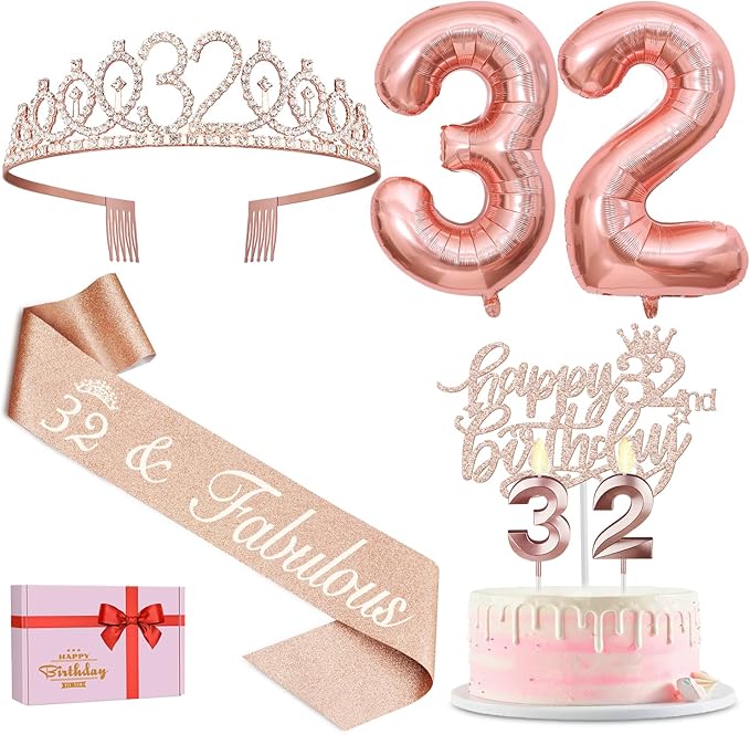 32 Birthday Decorations for Women, Including 32nd Birthday Sash and Tiara, Cake Topper and Candles, Number Balloons, 32 Year Old Gifts for Women