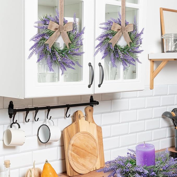 4 PCS Spring Wreath for Front Door Lavender Candle Ring Wreaths Mini Purple Table Centerpieces 9 Inch Floral Wreaths for Pillars Cabinets Farmhouse Spring Summer Wedding Party Home Decor