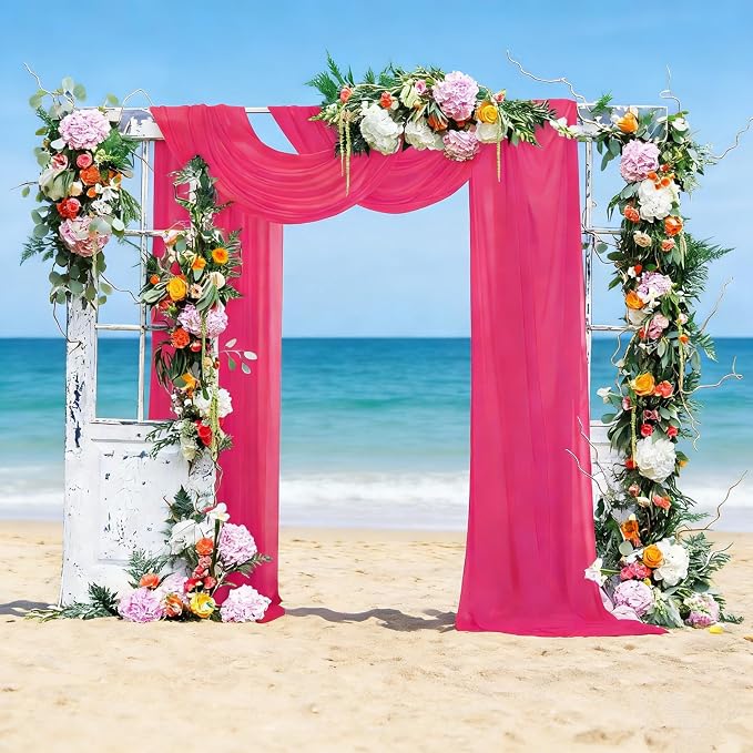 DUOBAO Ceiling Fabric Drapes for Weddings 5x30 Sheer Voile Chiffon Fabric Draping Hot Pink Chiffon Curtains, 6 Pieces Tulle Sheer Drapes for Party Backdrop Curtain and Special Events, 5x30feet