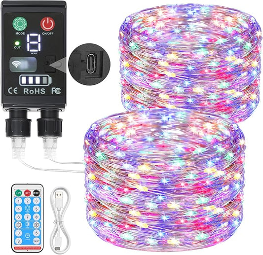Lakumu 2-in-1 Rechargeable Fairy Lights Battery Operated, 66FT(2×33) Twinkle Lights with Remote & Timer, 200 LED String Lights for Bedroom Waterproof Outdoor Camping, Christmas Decorations Multicolor