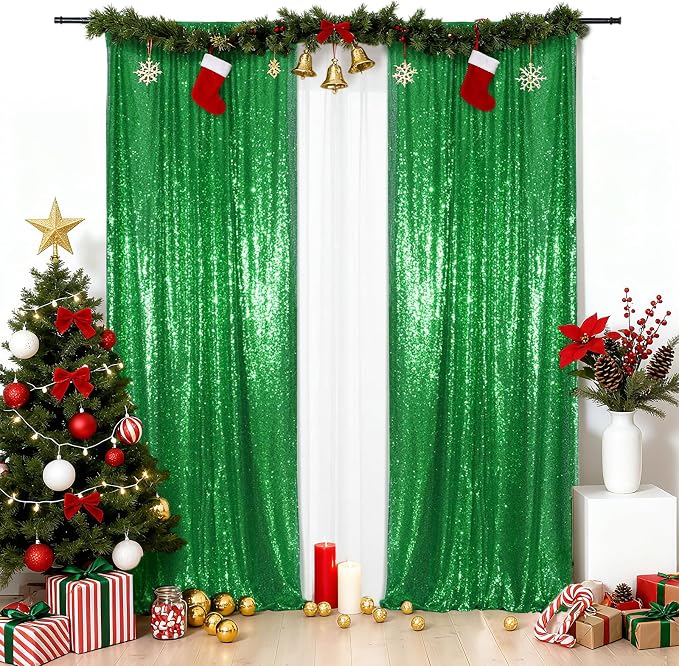 PartyDelight Green Sequin Backdrop Curtains 2x8ft 2 Panels | 3mm stitched sequin curtain with 4 inch rod pocket for 2x8ft 2 panel doorway window side drape narrow photo booth strip