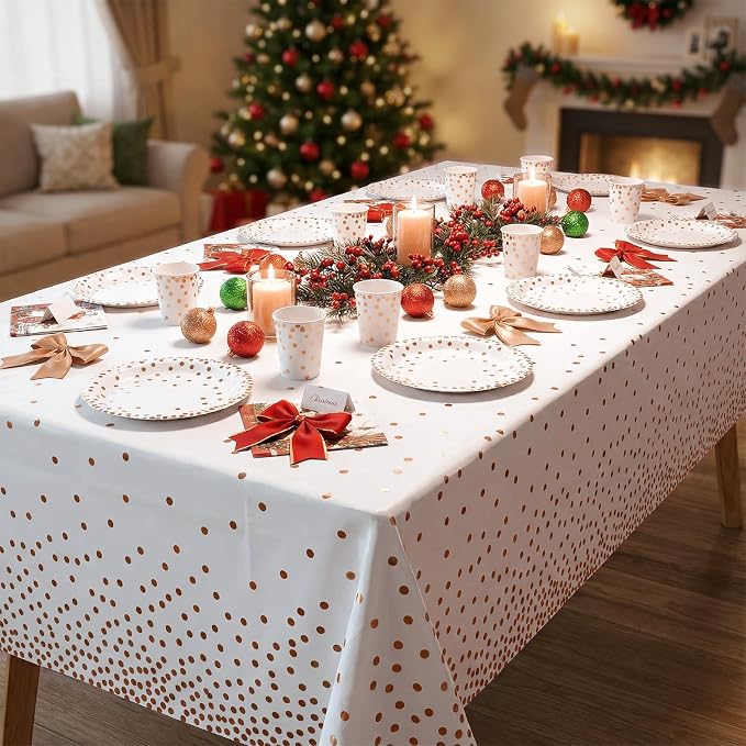 hapray 201PCS Disposable Paper Plates Rose Gold Party Supplies, Polka Dots Birthday and Baptism Decorations, include Cups, Napkins, Plastic Tablecloth, for Baby Shower, Mother's Day