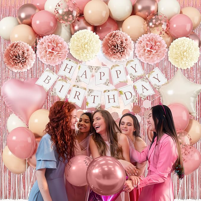 Jobkoo Pink Birthday Decorations for Women, Boho Dusty Pink Rose Gold Blush Beige Latex Balloons Happy Birthday Banner Foil Fringe Curtain Tissue Paper Pompom for Woman Girls Party Decoration Supplies