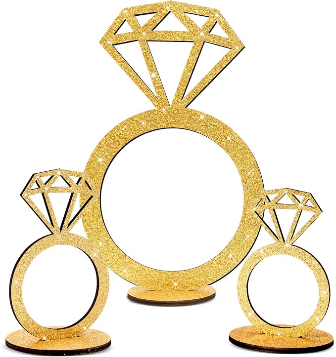 3 PCS Bridal Shower Centerpieces for Tables Diamond Ring Sign Table Centerpieces Gold Glitter Wooden Diamond Ring Sign Decor for Wedding Anniversary Supplies Batcholette Engagement Party