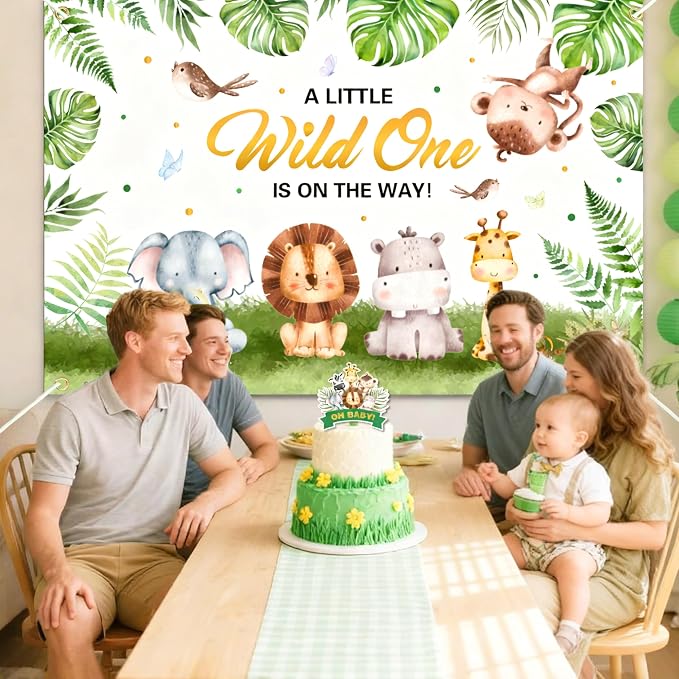 Safari Baby Shower Decorations Boy - Jungle Theme Party Supplies Include Balloon Garland Arch, Wild One Backdrop, Tablecloth, 4 Printed Boxes, Monkey Giraffe Foil Balloons - Sage Green