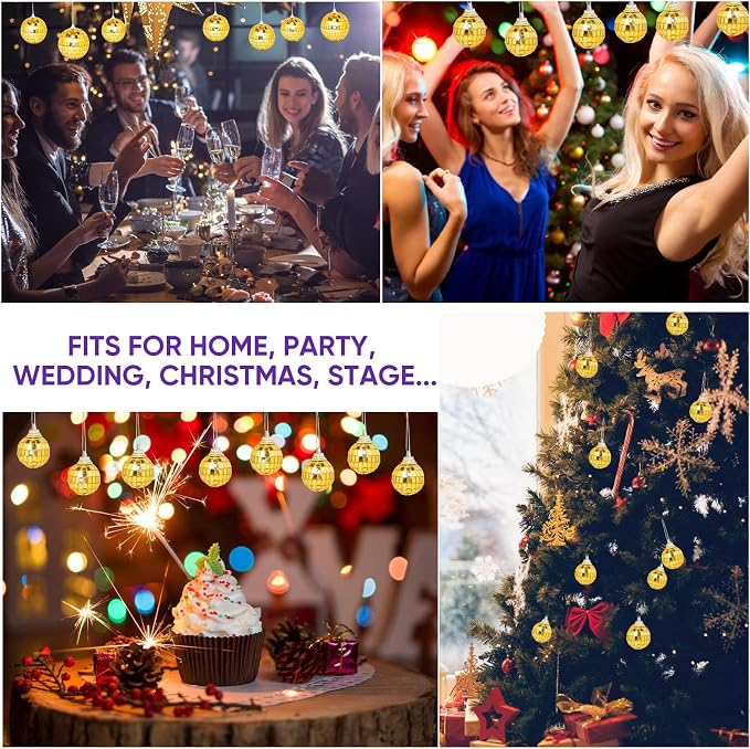 32 Pack Mini Disco Balls Decorations Different Sizes Mirror Ball with Hanging String Small Disco Ball Ornament for Disco Theme Party Cake Topper DJ Club Christmas Wedding Home Decor (Gold)