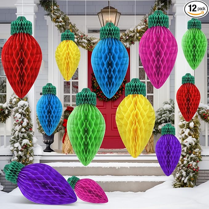 12 Pcs 20" and 12" Bright Jumbo Christmas Lights Honeycomb Hanging Decoration Large 3D Light Bulb Xmas Assorted Colors Honeycomb Light for Christmas Tree Mantel Ceiling Classroom Ornament