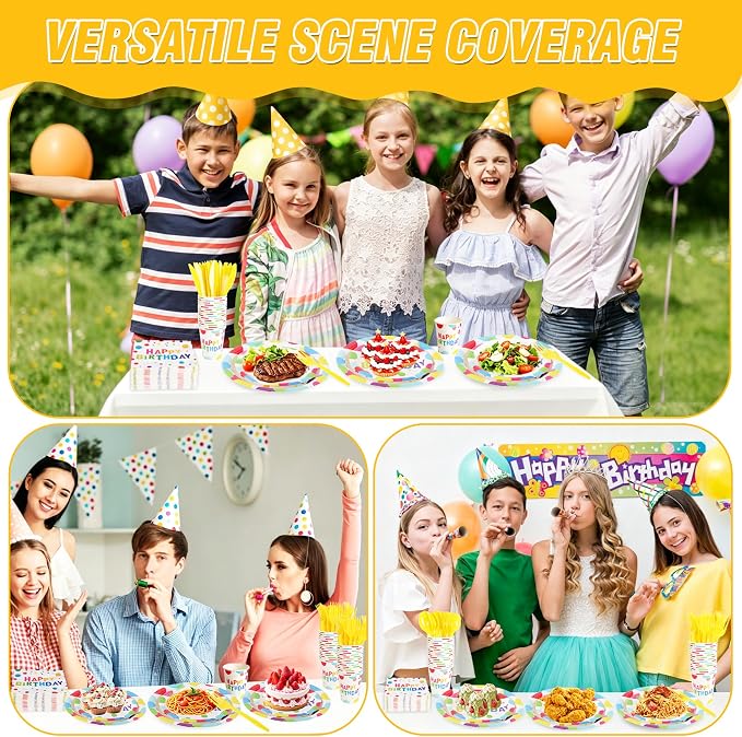 400 Pcs Disposable Birthday Party Tableware Set for 50 Guests | Heavy-Duty 7" & 9" Paper Plates, Cups, 13" Napkins & Plastic Cutlery, Rainbow Confetti "Happy Birthday" Party Supplies