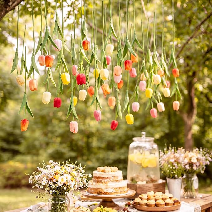 24 Pack 6 Colors 5 ft Artificial Tulips Hanging Flower Garland Decorations Spring Summer Dangling Faux Tulip Floral Vine Strings with Hooks for Wall Ceiling Wedding Tea Party