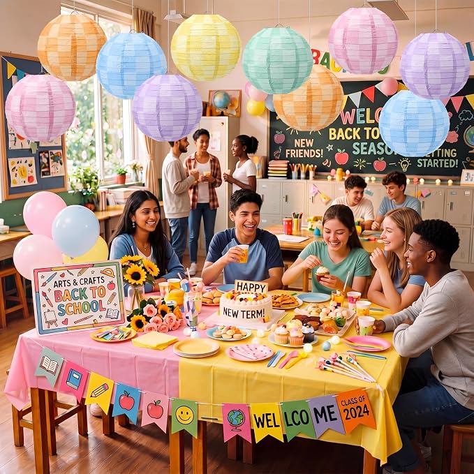 Retisee 12 Pcs Gingham Paper Lanterns Colorful Hanging Decorations 8 Inch Rainbow Checkerboard Ceiling Lanterns Back to School Classroom Decor for Birthday Party First Day of School Kindergarten