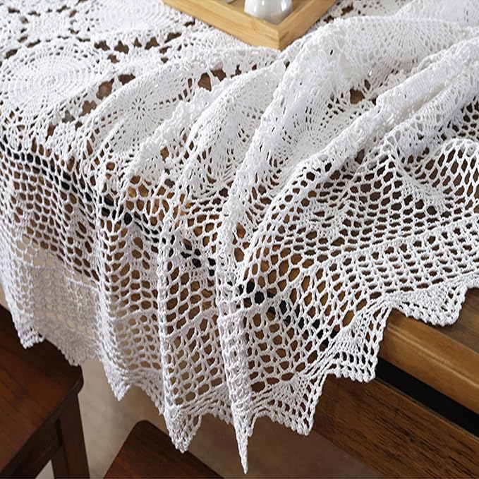 USTIDE Shabby Handmade Crochet Tablecloth Rectangle Romantic Table Cover White Lace Design Table Overlays Rectangular 51inchesx70inches