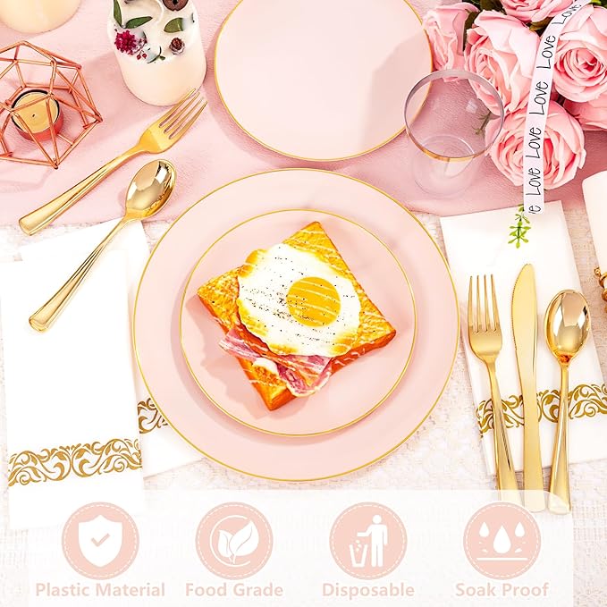 YOUBET 175PCS Pink Plastic Plates - Pink and Gold Disposable Plates Include 50 Plastic Plate, 75 Silverware, 25 Cups, 25 Napkins for Wedding & Party & Birthday Mothers Day