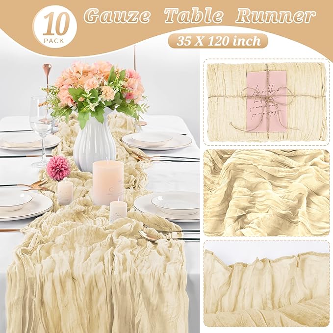 10 Pcs Ivory Cheesecloth Table Runner 10FT, Gauze Table Runner for Wedding Reception Sheer Bridal Shower Birthday Party Boho Table Decoration, Rustic Romantic Wedding Runner