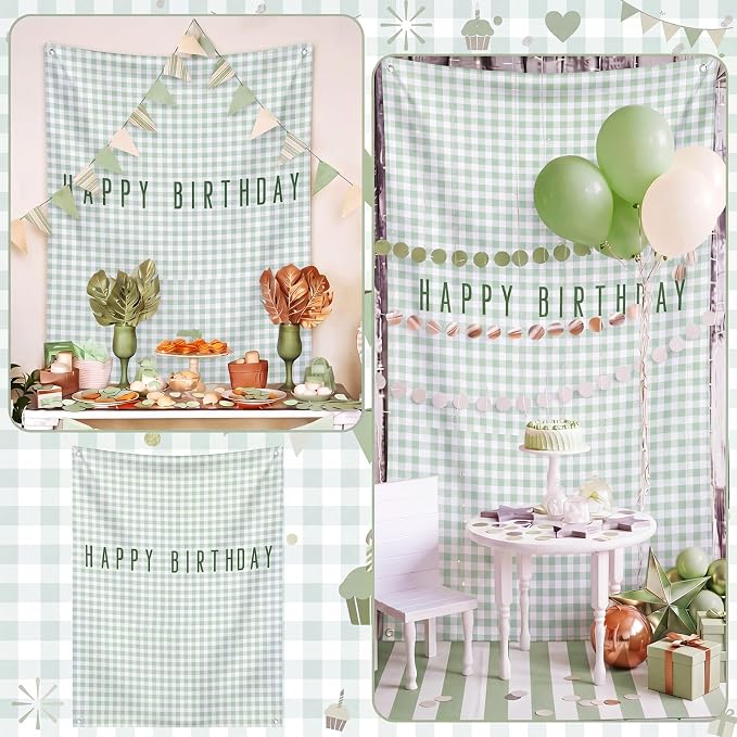 Flutesan 7x5ft Green Gingham Happy Birthday Backdrop Large Banner Fabric Tapestry Birthday Party Decoration Baby Shower Linen Rustic Background Wall Photo Props Indoor Outdoor