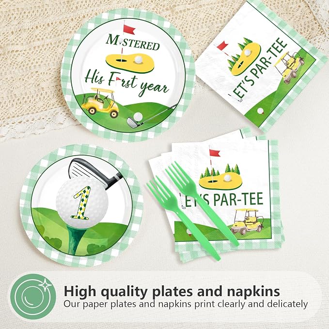 96 Pcs Golf Party Decorations for His First Year Golf Birthday Plates and Napkins Disposable Let’s Par-Tee Tableware Set for Boys Girls 1st Hole in One Birthday Baby Shower Party Supplies Serves 24