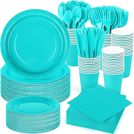 durony 350 Pieces Teal Blue Party Supplies Teal Blue Dinnerware Set Paper Plates Cup Napkins Serve 50 Guests for Birthday Wedding Baby Shower Party Family Picnic
