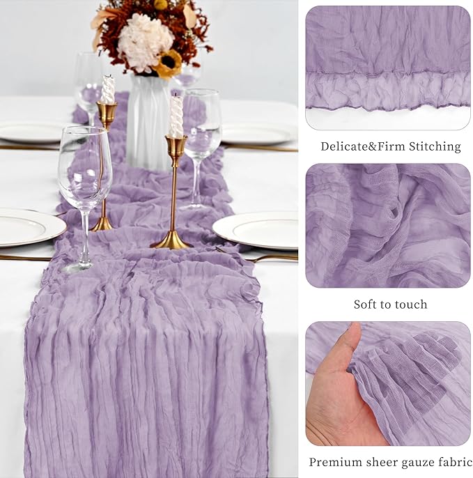10 Pack Lavender Table Runner 10Ft Cheesecloth Table Runner Boho Gauze Table Runners Romantic Long Sheer Fabric Cheese Cloth Table Runners for Wedding Party Bridal Shower(Lavender)