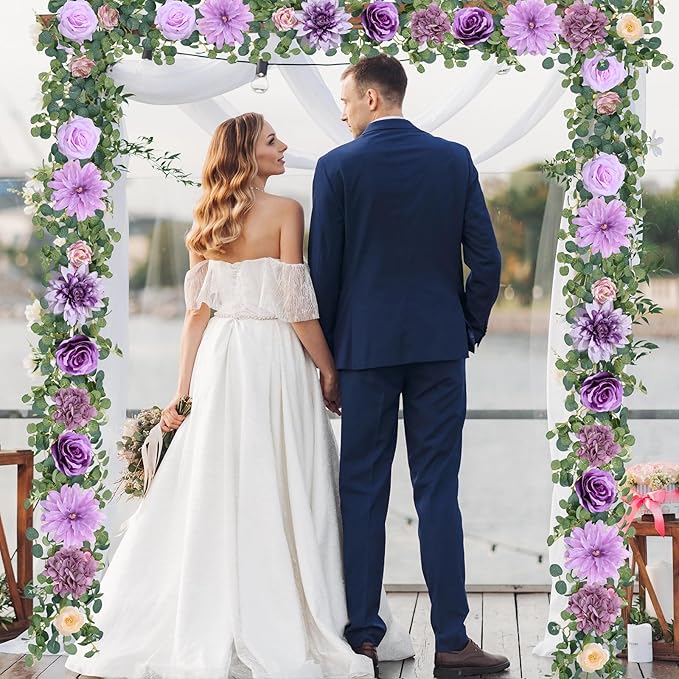Waipfaru 2 Pcs Flower Garland, 6Ft Eucalyptus Garland with Flowers, Rose Floral Vines for Wedding Reception Table Mantle Room Spring Summer Decor (Purple)