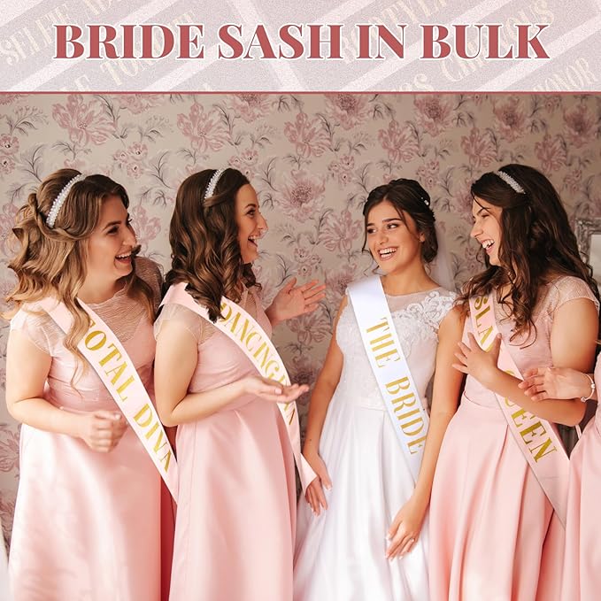 JellyArch 24 Pcs Bride Sash Bachelorette Party Bridesmaid Sashes Set Bridal Team Sash Bachelorette Party Sashes Bridal Shower Decorations Bride Gifts for Bridesmaids Maid of Honor(White Rose Gold)