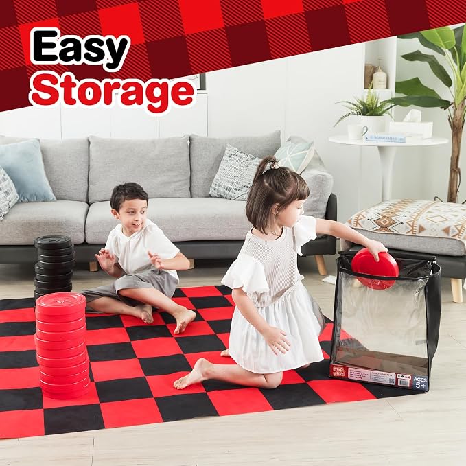 Grip Kids Jumbo Checkers Set with Storage Bag - 58 inch mat - Outdoor & Indoor Play Toys, Backyard Board Games, Family Party, Birthday for Toddlers Ages 5 6 7 8 Year Old - Amazon Exclusive