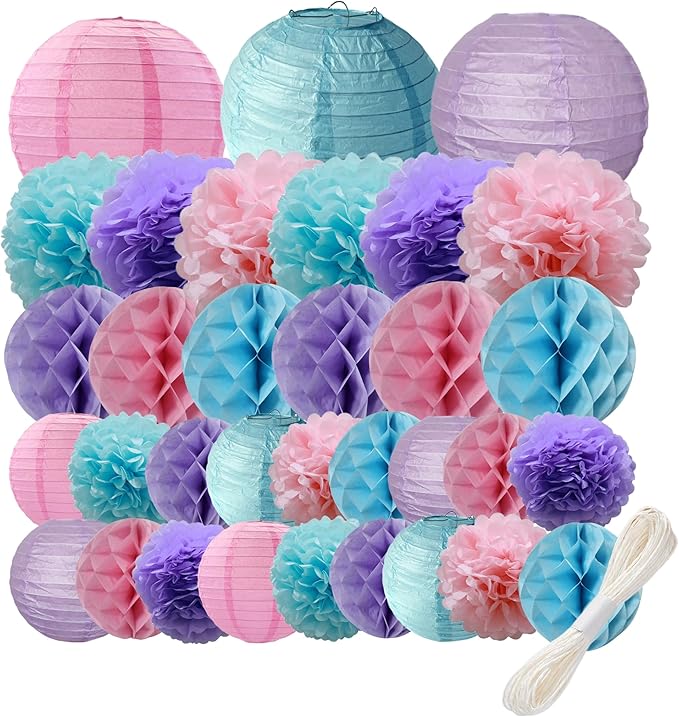 WOLHOWLTD Mermaid Theme Paper Decoration Set - 33 Pcs Paper Lanterns, Pompoms, Honeycomb Decorations for Mermaid Theme, Baby Shower,Wedding Rainbow Birthday Party Home Decoration(Pink Blue Purple)