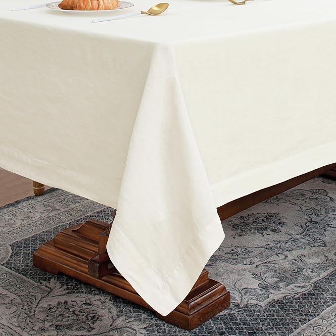 Linen World 100% Linen Tablecloth,Cream Tablecloth 120" x 60" Inch,Washable Rectangular Tablecloth for Dining,Outdoor,Weddings and Restaurants,Decorative Thanksgiving Christmas,Jacquard Weave Design